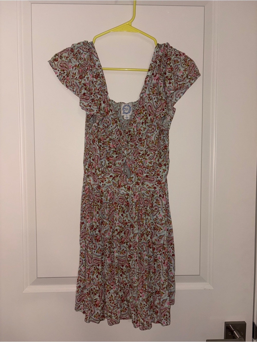 Blue Rain Paisley Mini Dress in Light Blue and Pink